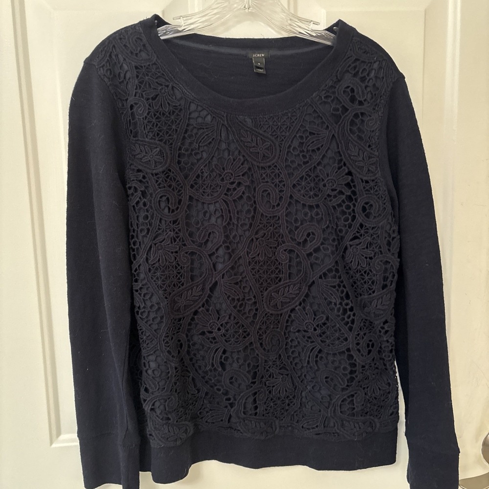 J. Crew Long Sleeve Navy Blue Lace-overlay Women's  Top Size S
